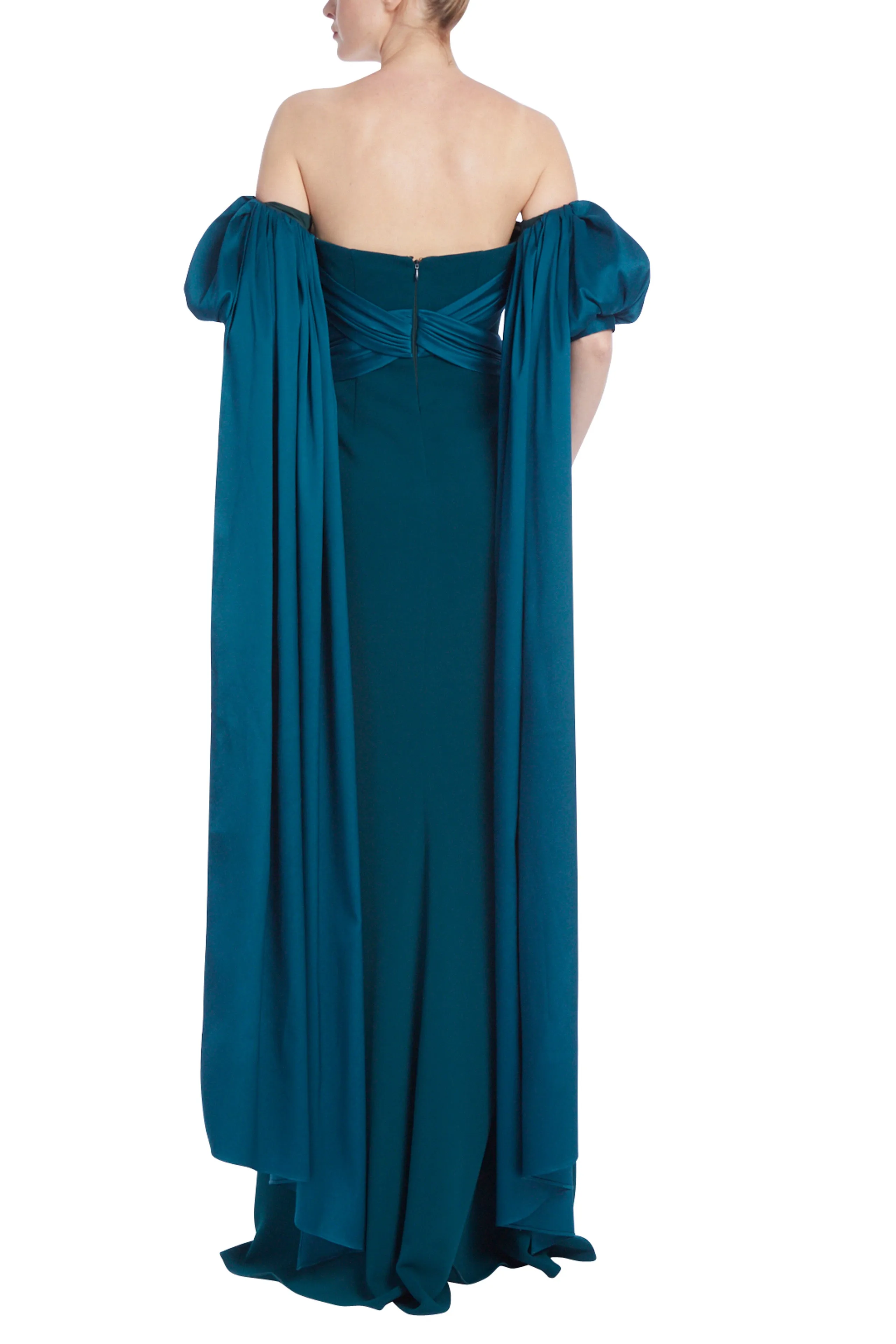 Badgley Mischka Off-The-Shoulder Gown with Puff Sleeve Train - Wholesale
