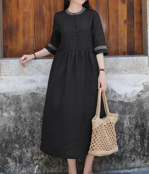 Black Women Dresses Ramie Casual Spring Linen Women Dresses Half Sleeve SSM97215
