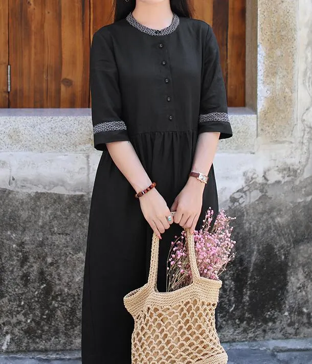 Black Women Dresses Ramie Casual Spring Linen Women Dresses Half Sleeve SSM97215