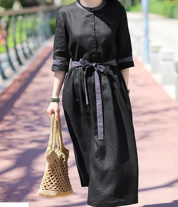 Black Women Dresses Ramie Casual Spring Linen Women Dresses Half Sleeve SSM97215