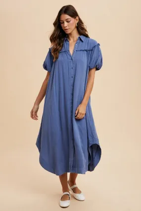 Blue Mineral Washed Button-Down Puff Sleeve Shirt Dress