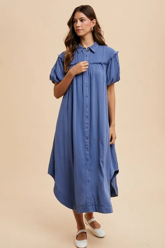 Blue Mineral Washed Button-Down Puff Sleeve Shirt Dress