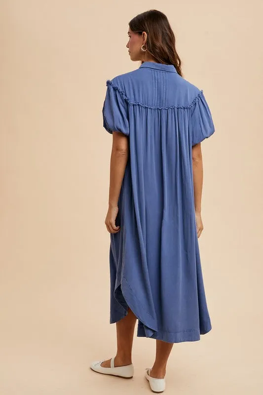 Blue Mineral Washed Button-Down Puff Sleeve Shirt Dress