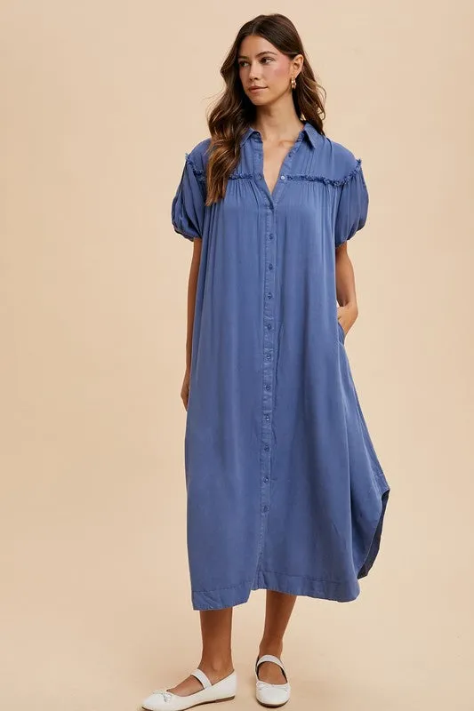 Blue Mineral Washed Button-Down Puff Sleeve Shirt Dress
