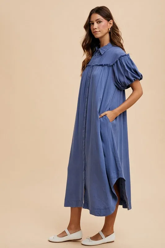 Blue Mineral Washed Button-Down Puff Sleeve Shirt Dress