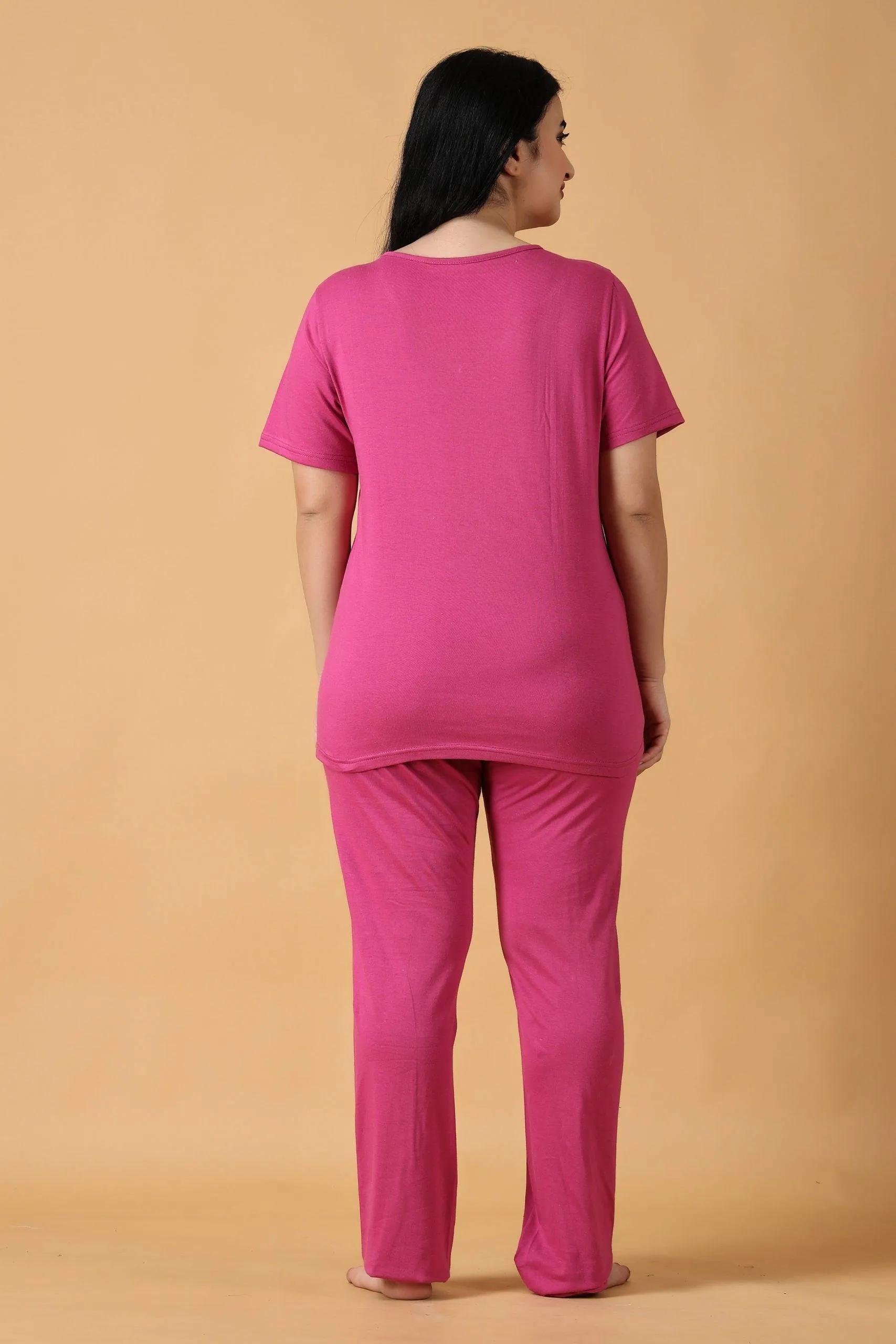 Cotton Solid Pyjama Night Suit Set -Bright Pink