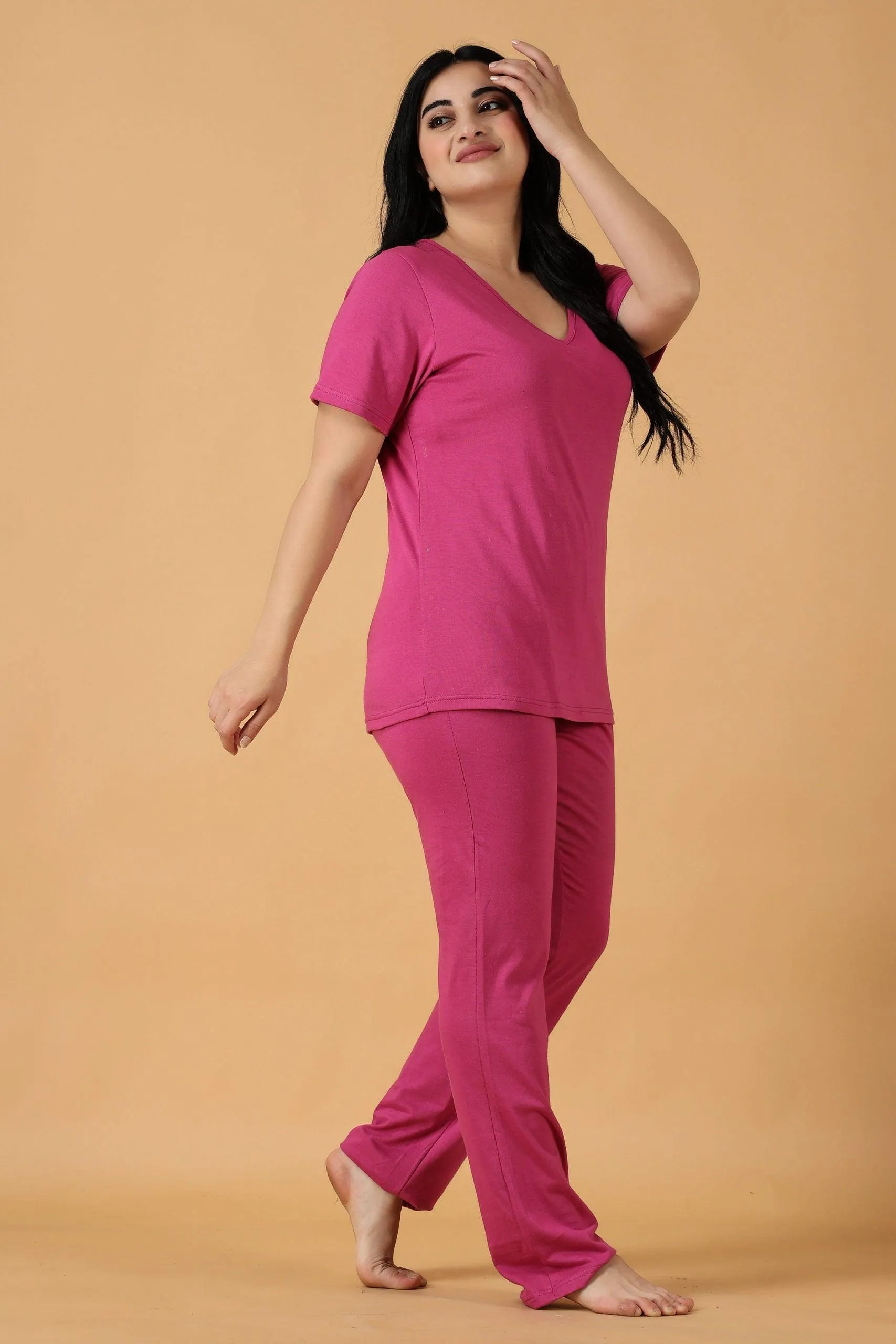 Cotton Solid Pyjama Night Suit Set -Bright Pink