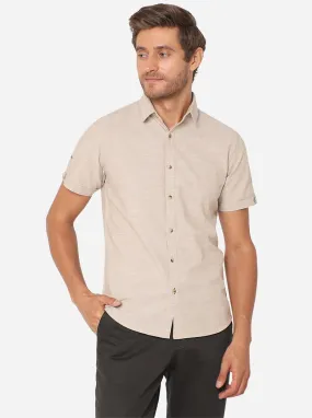 Cream Solid Slim Fit Semi Casual Shirt | Greenfibre