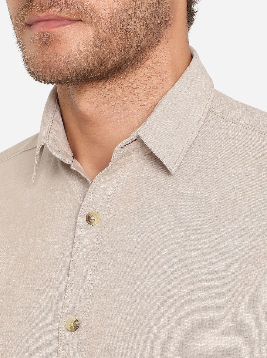 Cream Solid Slim Fit Semi Casual Shirt | Greenfibre