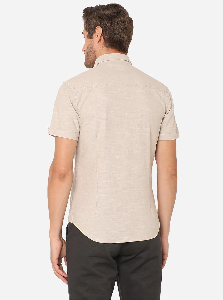 Cream Solid Slim Fit Semi Casual Shirt | Greenfibre