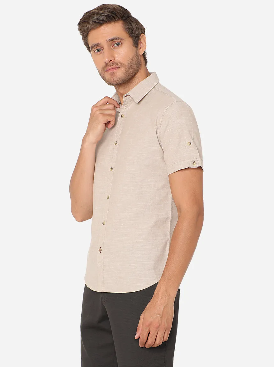 Cream Solid Slim Fit Semi Casual Shirt | Greenfibre