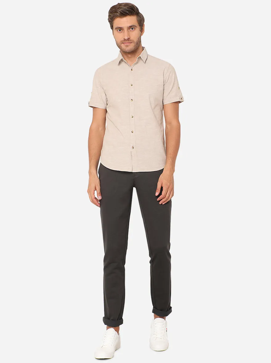 Cream Solid Slim Fit Semi Casual Shirt | Greenfibre