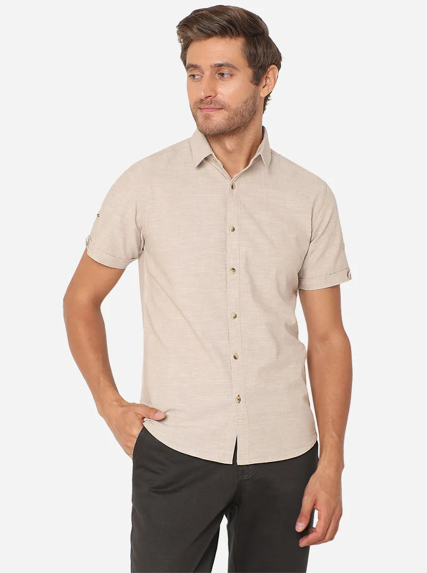 Cream Solid Slim Fit Semi Casual Shirt | Greenfibre