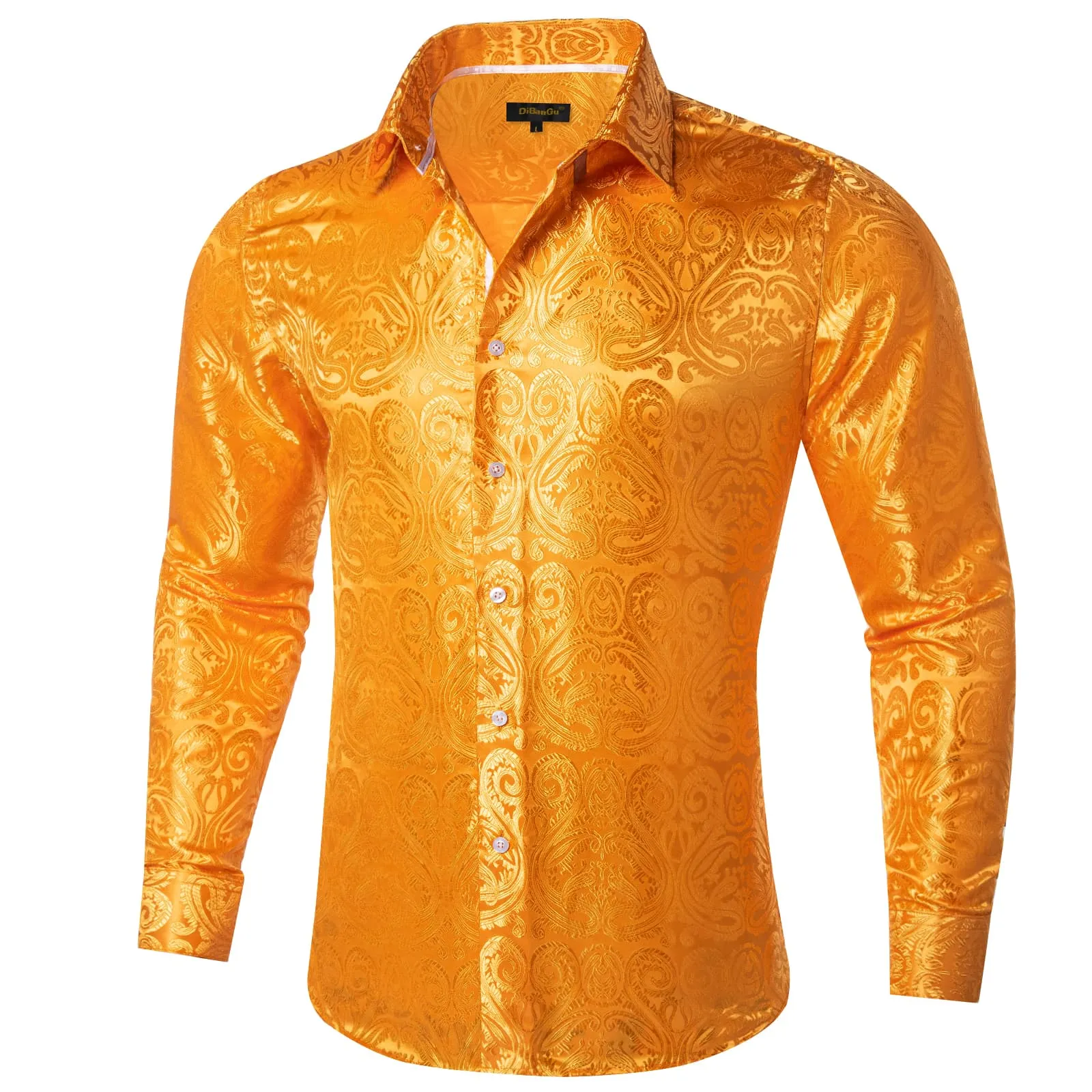DiBanGu Shirt for Men Carrot Orange Paisley Long Sleeve Silk Button Up Dress Shirt
