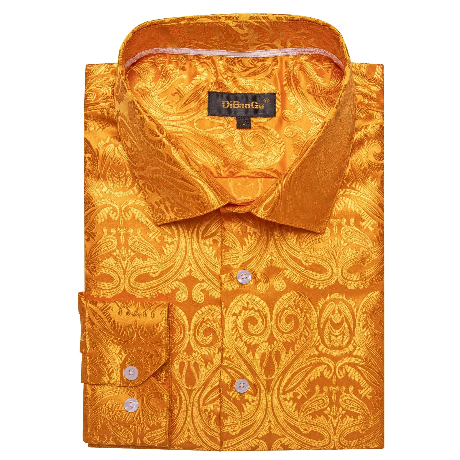 DiBanGu Shirt for Men Carrot Orange Paisley Long Sleeve Silk Button Up Dress Shirt