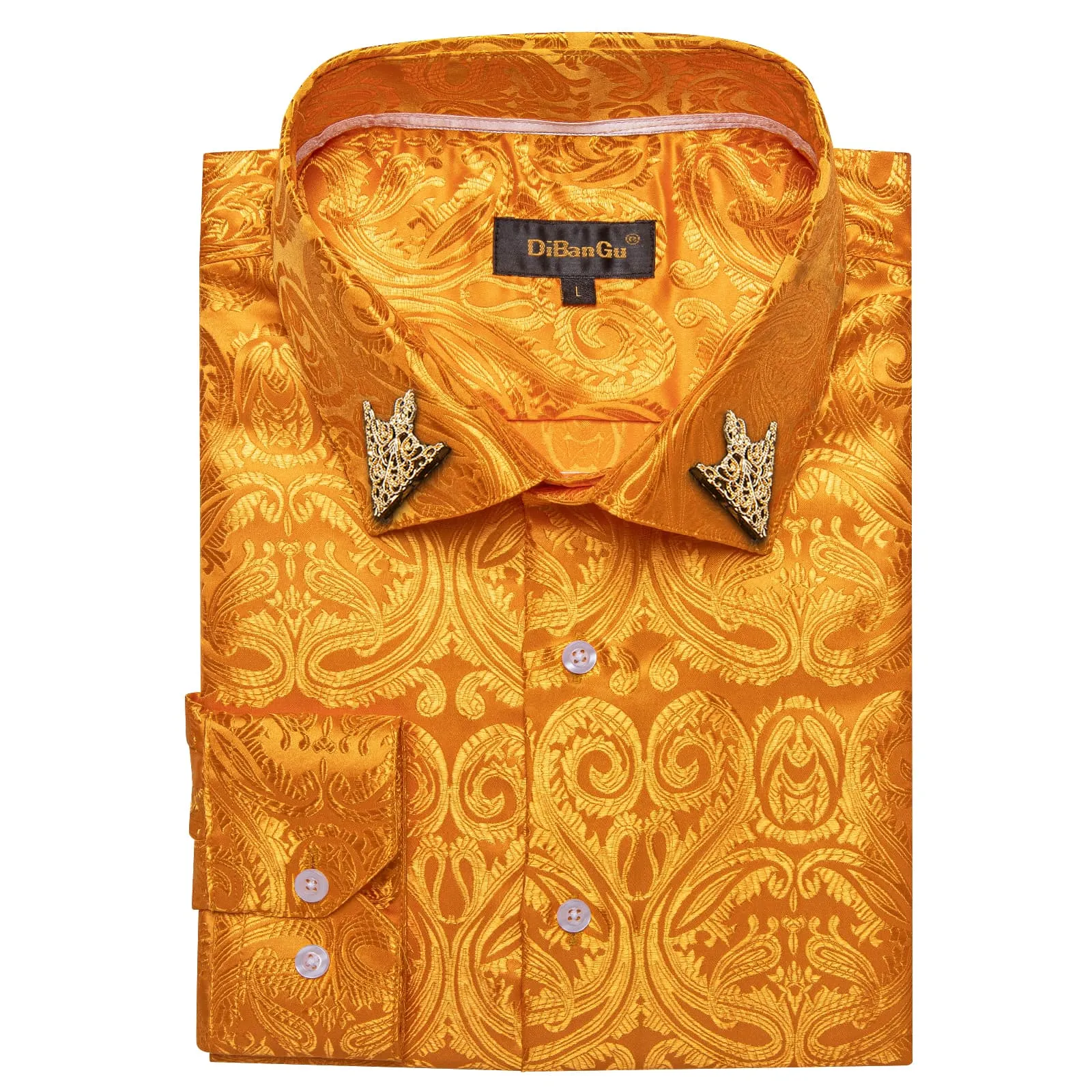 DiBanGu Shirt for Men Carrot Orange Paisley Long Sleeve Silk Button Up Dress Shirt