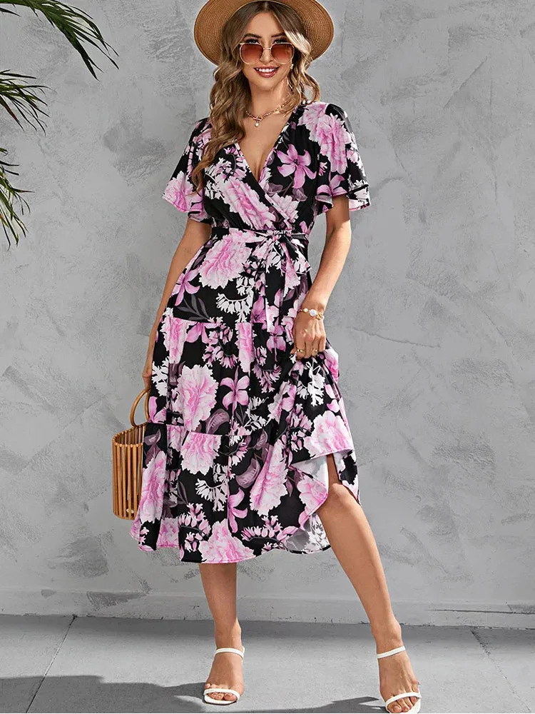 Elegant Women Casual Floral Print Ruffle Big Hem Beach Fashion V Neck Bandage White Midi Dress