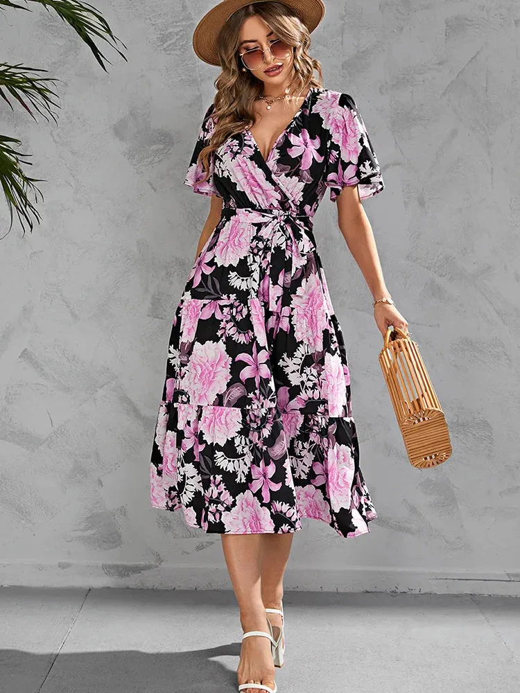 Elegant Women Casual Floral Print Ruffle Big Hem Beach Fashion V Neck Bandage White Midi Dress