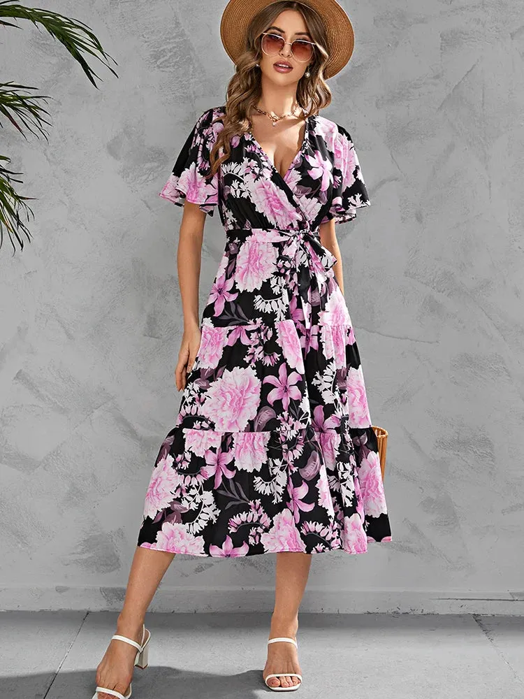 Elegant Women Casual Floral Print Ruffle Big Hem Beach Fashion V Neck Bandage White Midi Dress