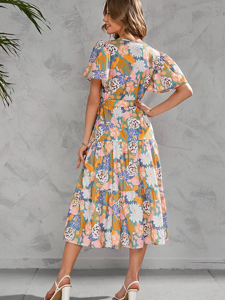 Elegant Women Casual Floral Print Ruffle Big Hem Beach Fashion V Neck Bandage White Midi Dress