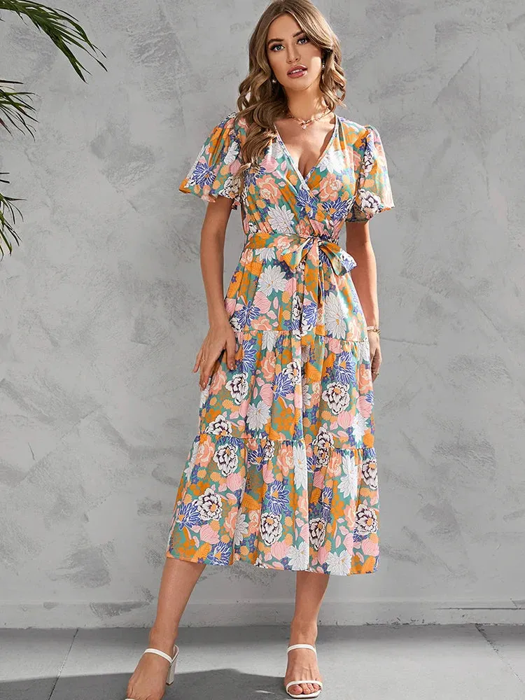 Elegant Women Casual Floral Print Ruffle Big Hem Beach Fashion V Neck Bandage White Midi Dress