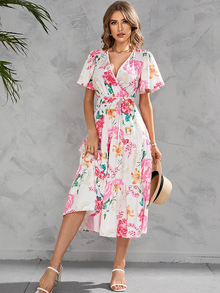 Elegant Women Casual Floral Print Ruffle Big Hem Beach Fashion V Neck Bandage White Midi Dress