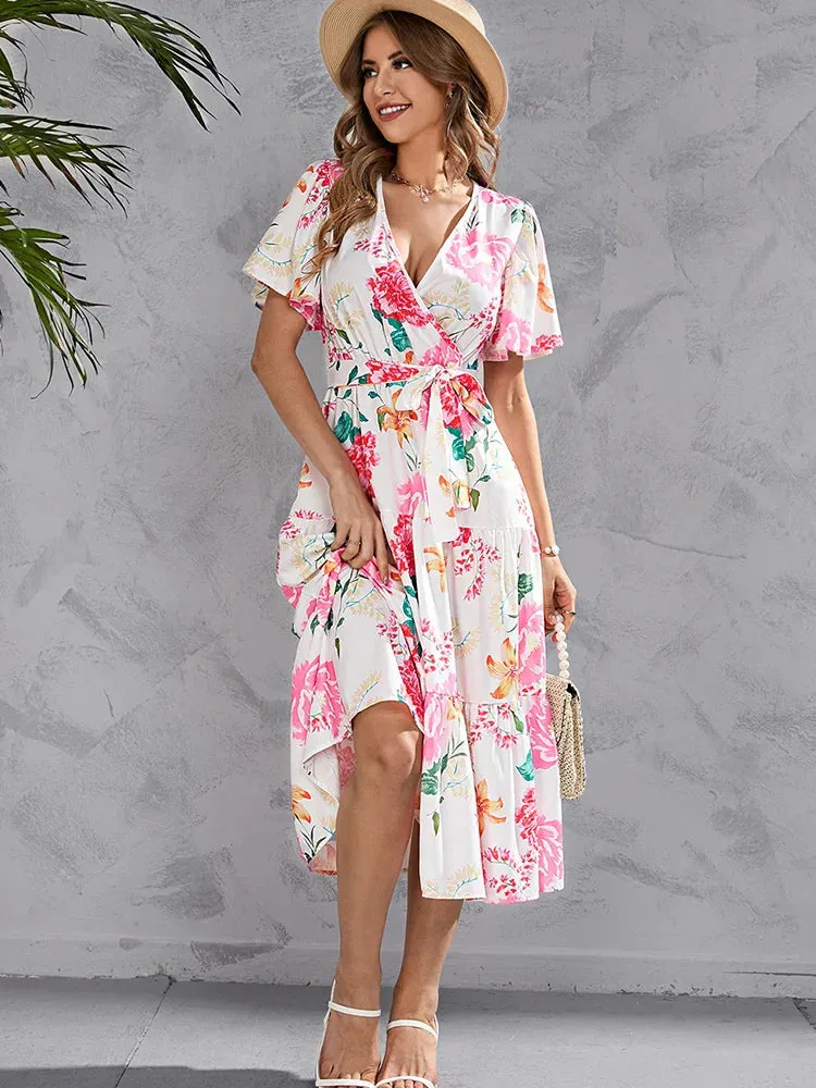 Elegant Women Casual Floral Print Ruffle Big Hem Beach Fashion V Neck Bandage White Midi Dress