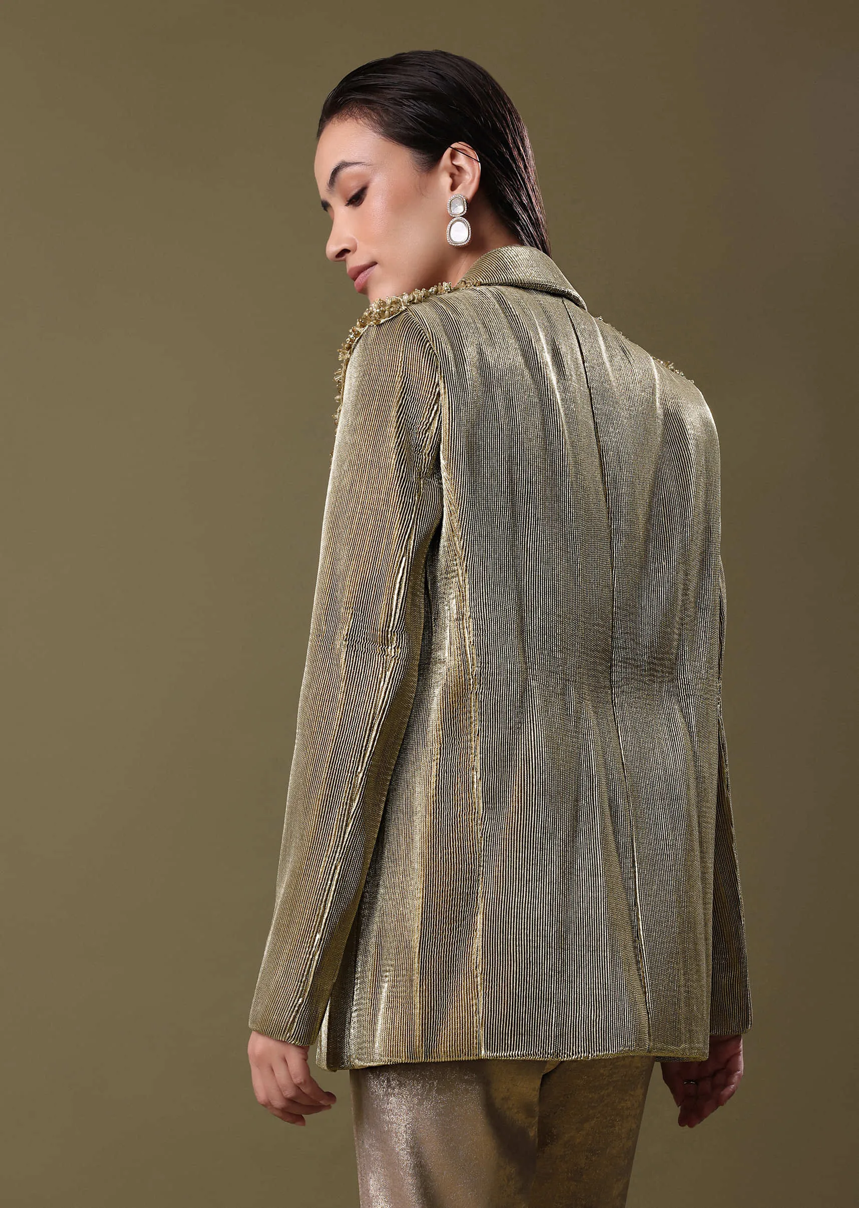 Embroidered Jacket And Drape Skirt With Grey Blouse