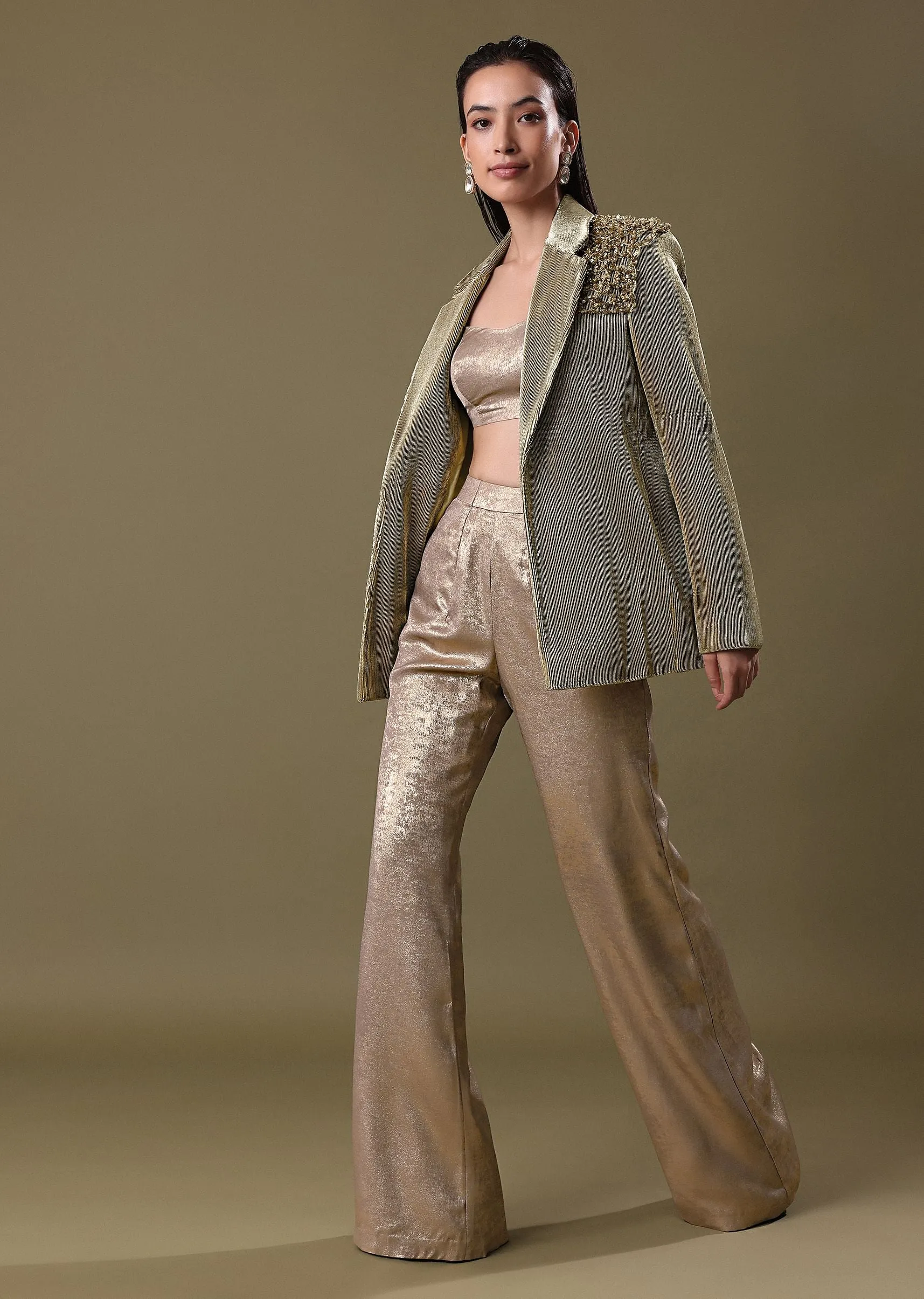 Embroidered Jacket And Drape Skirt With Grey Blouse