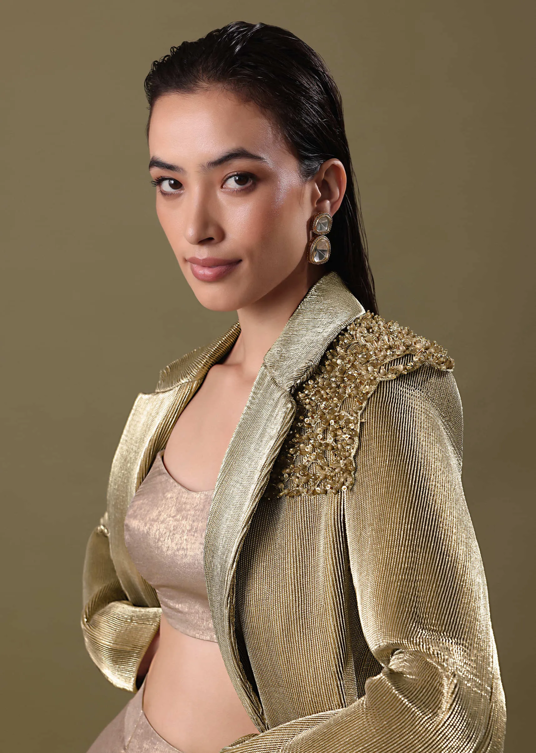 Embroidered Jacket And Drape Skirt With Grey Blouse
