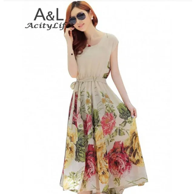 FANALA Women Flower Dress 2017 Fashion Summer Clothing Vintage Retro Belted Bohemian Dress Elegant Ladies Chiffon Beach Dresses