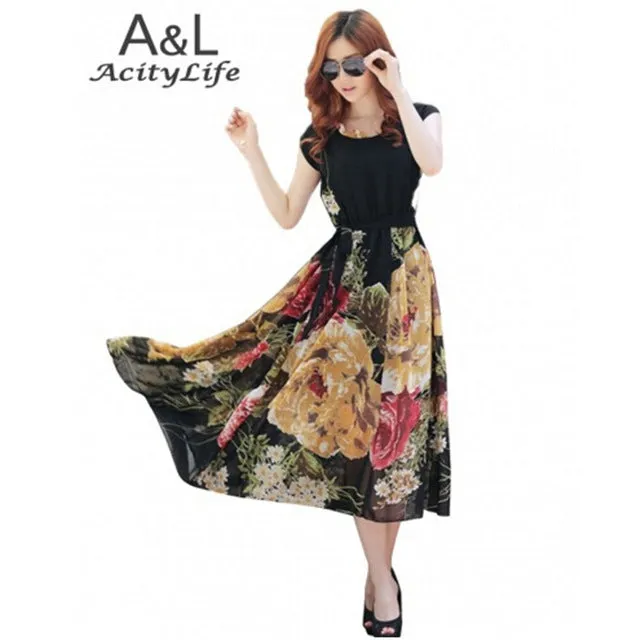FANALA Women Flower Dress 2017 Fashion Summer Clothing Vintage Retro Belted Bohemian Dress Elegant Ladies Chiffon Beach Dresses