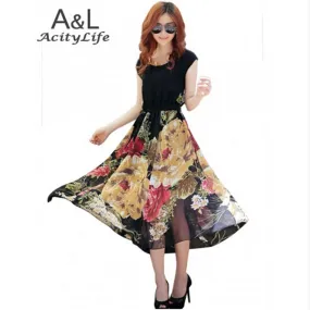 FANALA Women Flower Dress 2017 Fashion Summer Clothing Vintage Retro Belted Bohemian Dress Elegant Ladies Chiffon Beach Dresses