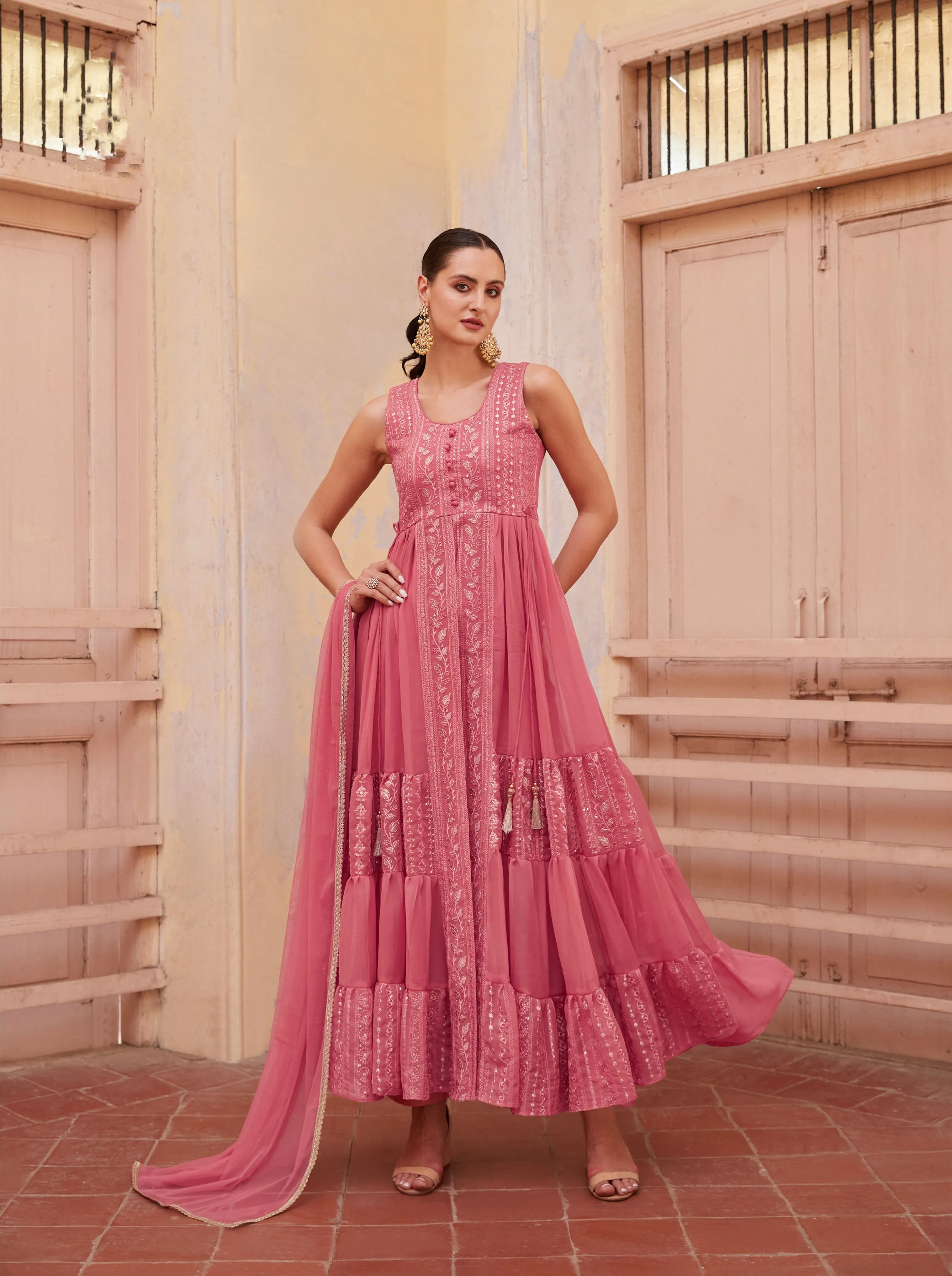 Gajri Anarkali Gown In Georgette With Thread & Zari Embroidery