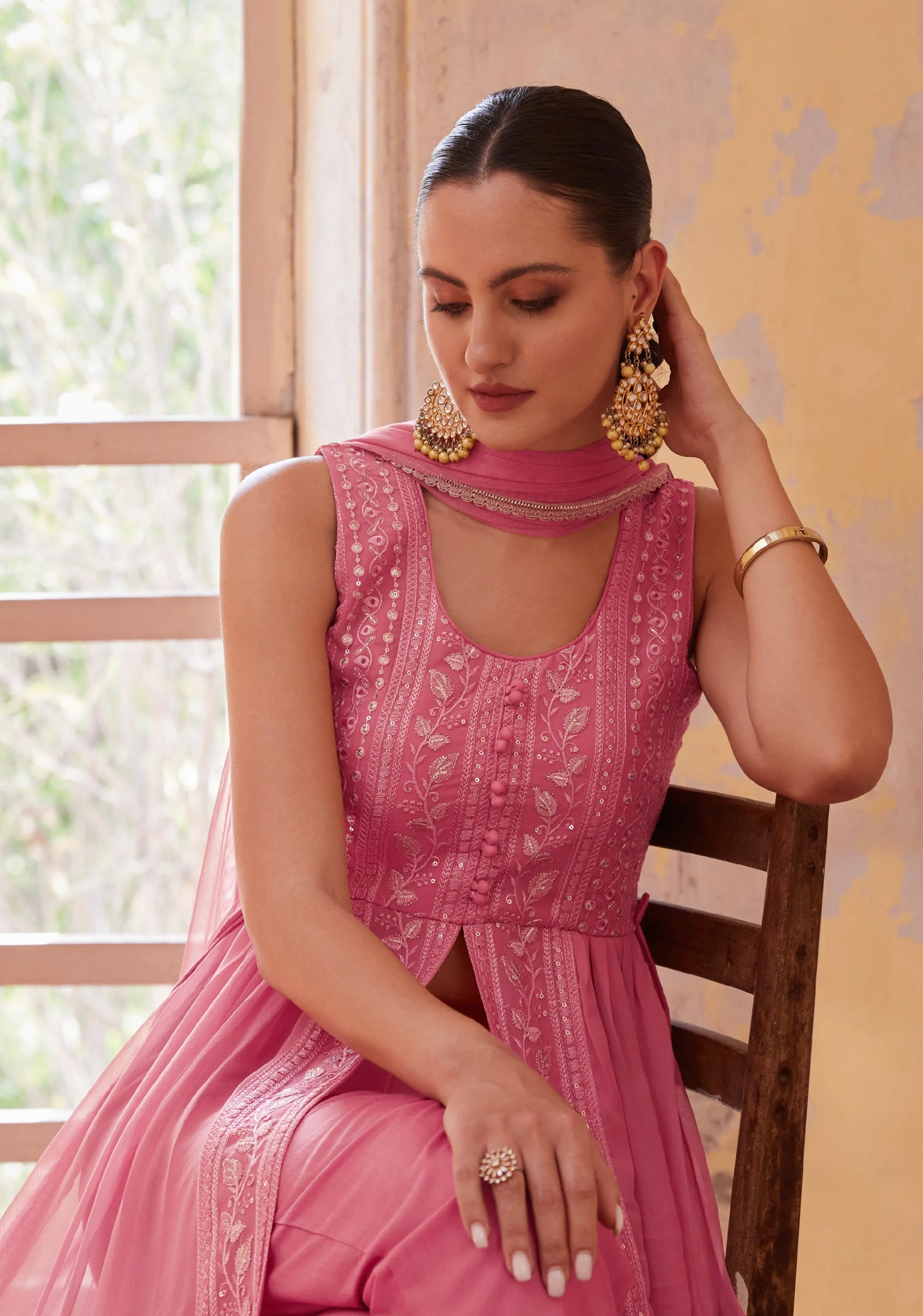 Gajri Anarkali Gown In Georgette With Thread & Zari Embroidery