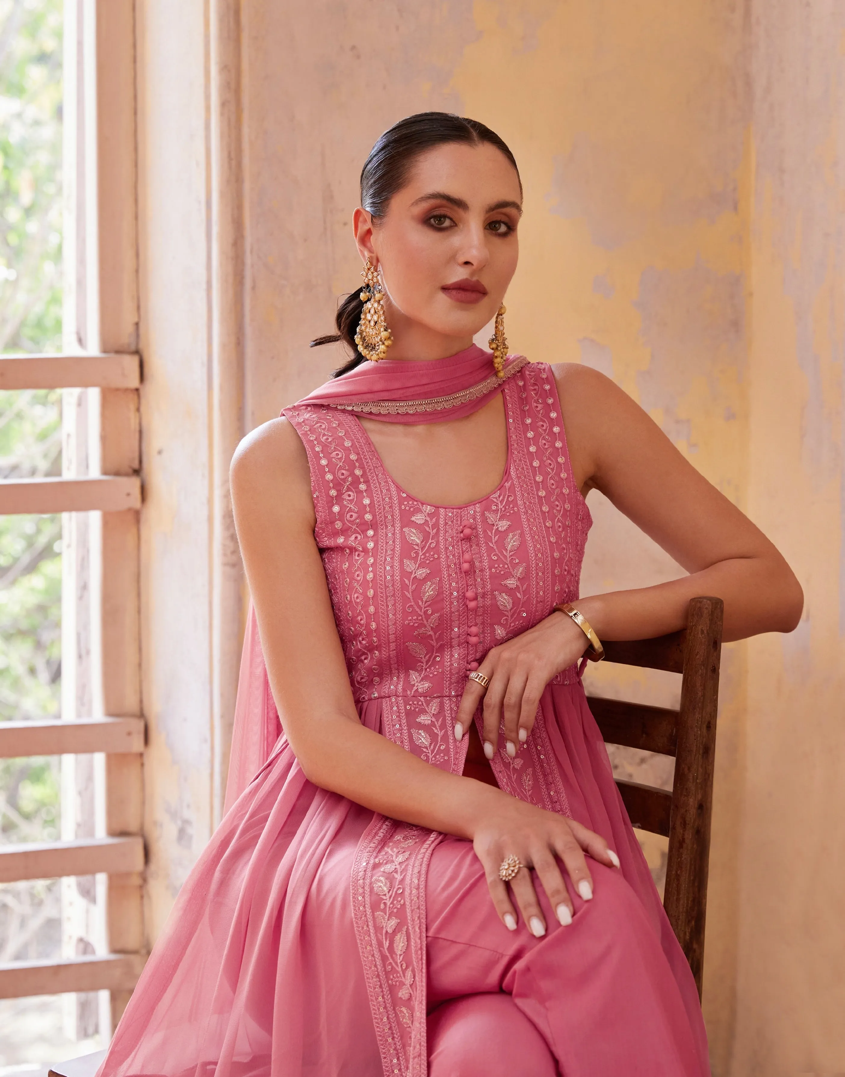 Gajri Anarkali Gown In Georgette With Thread & Zari Embroidery