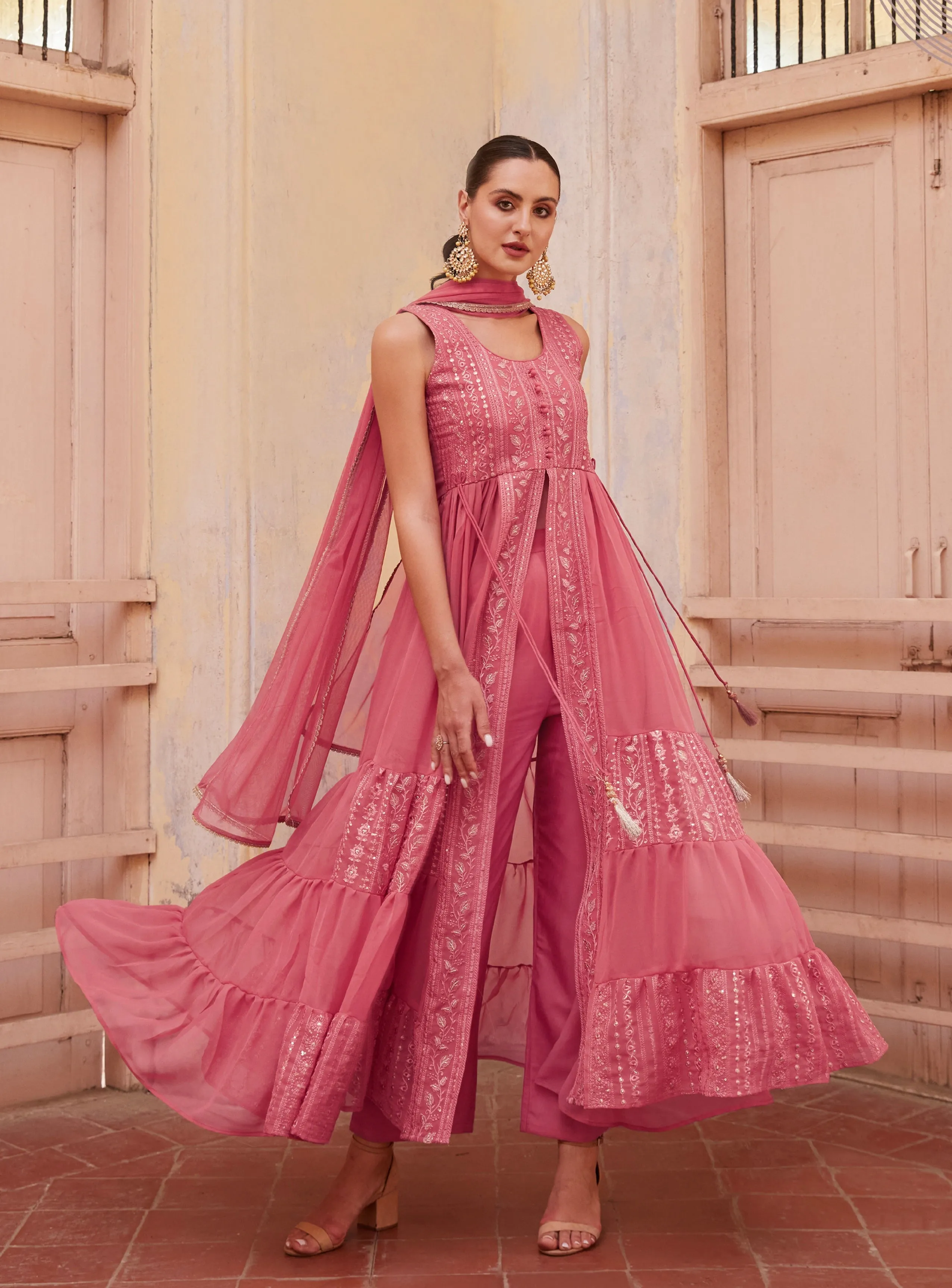 Gajri Anarkali Gown In Georgette With Thread & Zari Embroidery