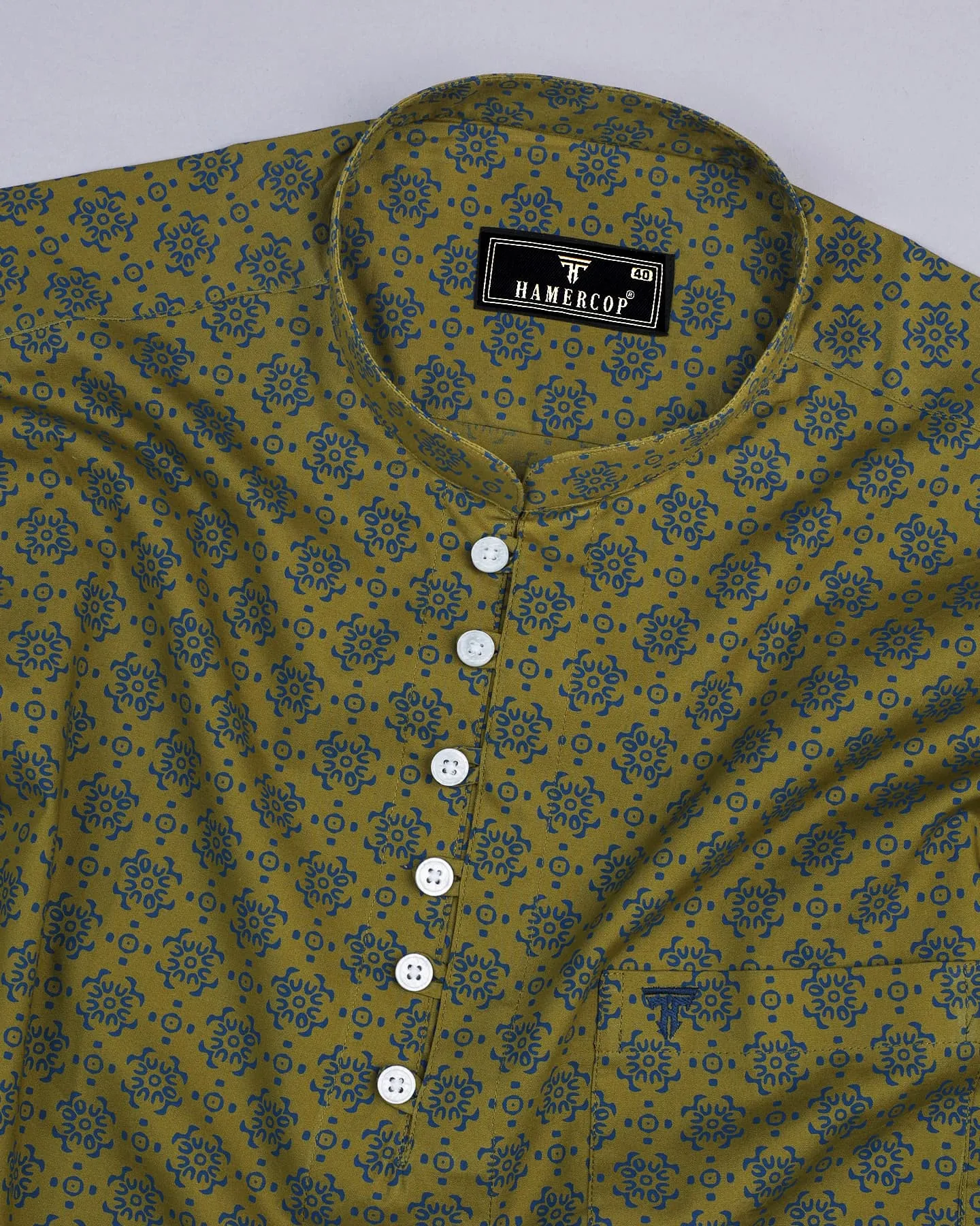 Green Folk Flower Poplin Printed Cotton Shirt Style Kurta