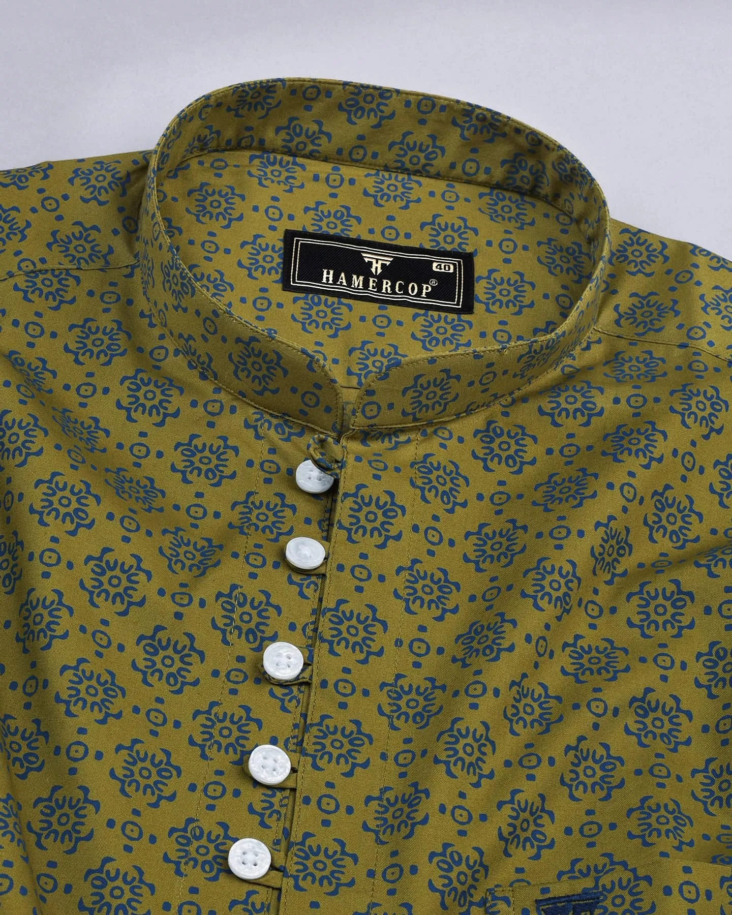 Green Folk Flower Poplin Printed Cotton Shirt Style Kurta