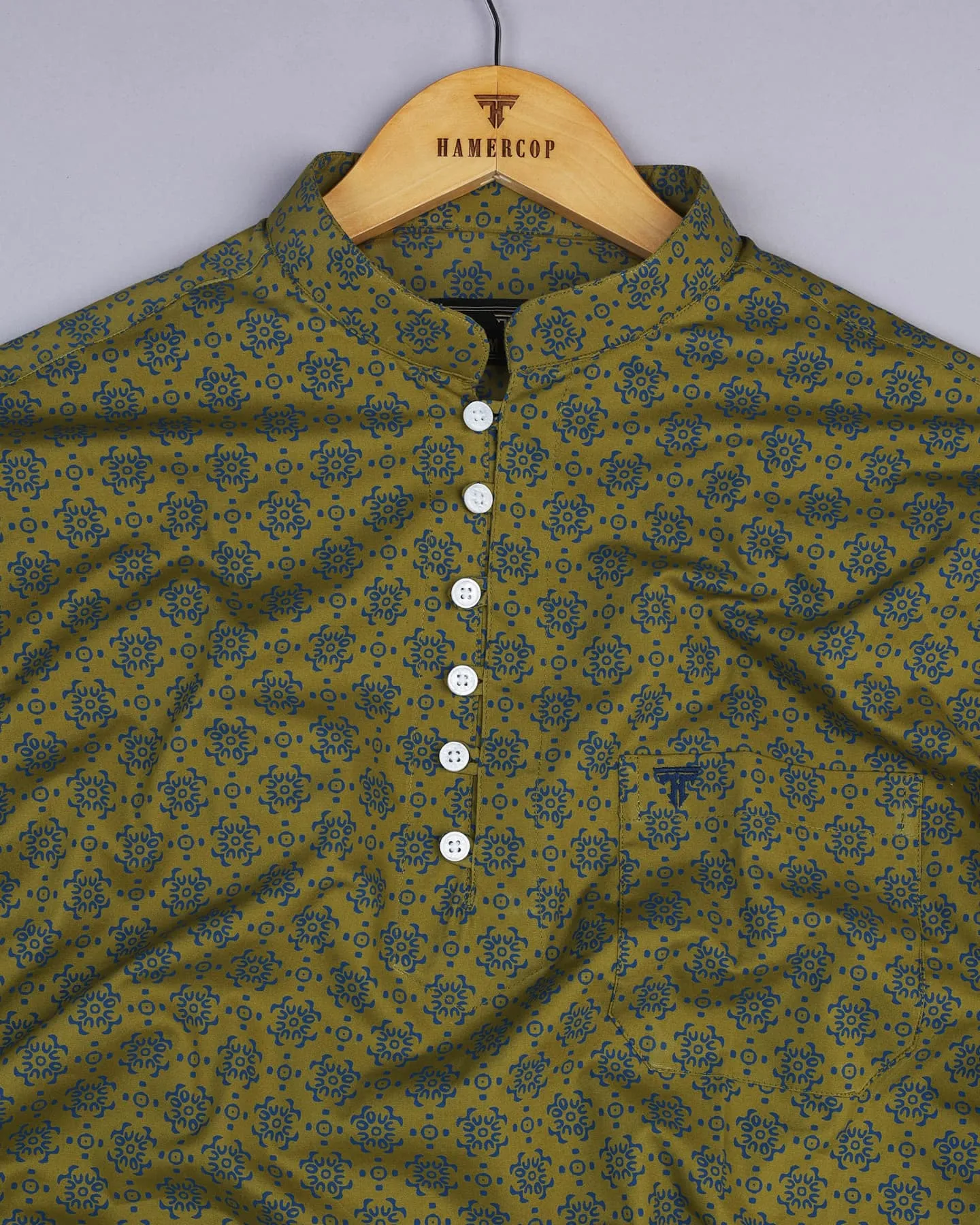 Green Folk Flower Poplin Printed Cotton Shirt Style Kurta