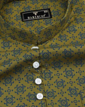 Green Folk Flower Poplin Printed Cotton Shirt Style Kurta