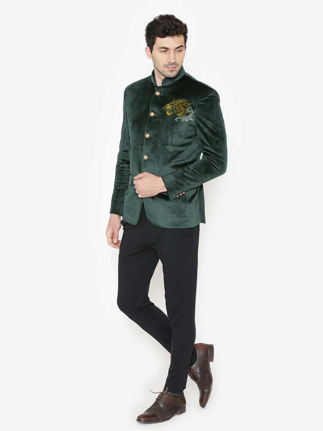 Green Velvet Bandhgala with Gold Embroidery