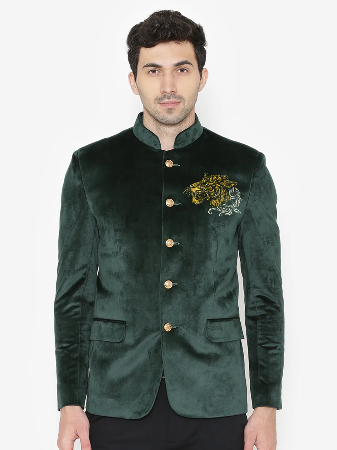 Green Velvet Bandhgala with Gold Embroidery