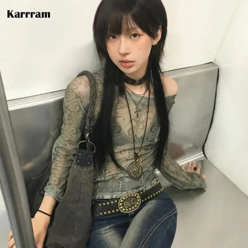 Grunge-Mesh-Tops im Harajuku-StilDurchsichtige Vintage Mode