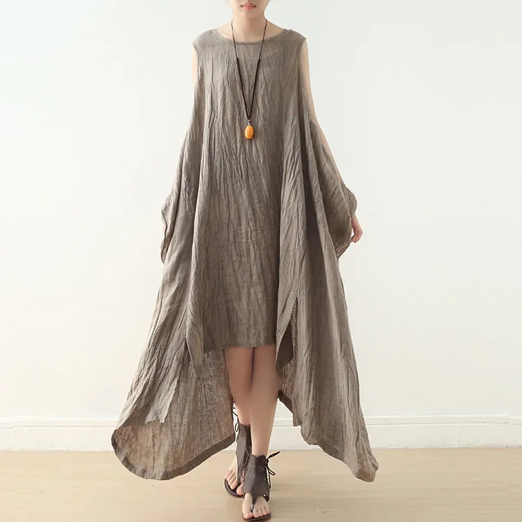 Khaki Linen Cotton Women Dresses Loose Fitting  Irregular Dresses Summer Casual Sleeveless Women Dresses AMT962210