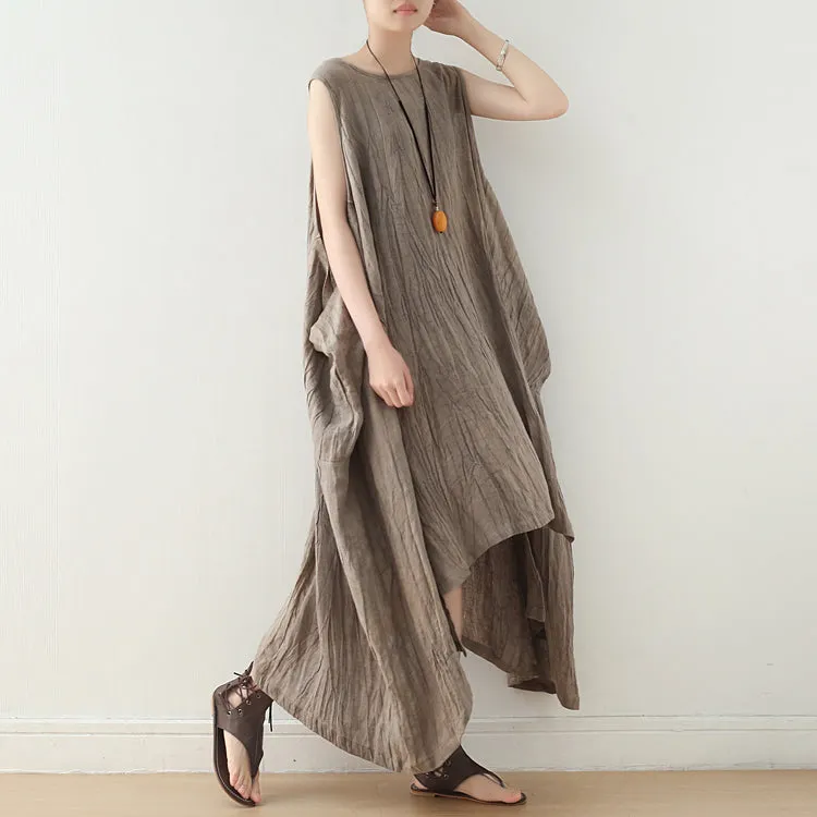 Khaki Linen Cotton Women Dresses Loose Fitting  Irregular Dresses Summer Casual Sleeveless Women Dresses AMT962210