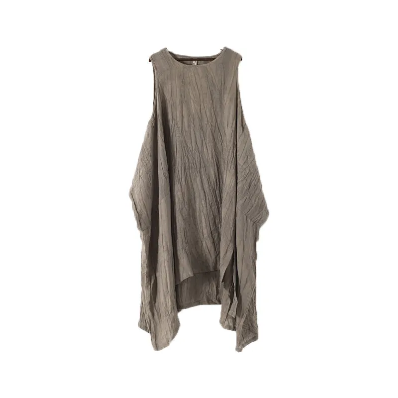Khaki Linen Cotton Women Dresses Loose Fitting  Irregular Dresses Summer Casual Sleeveless Women Dresses AMT962210