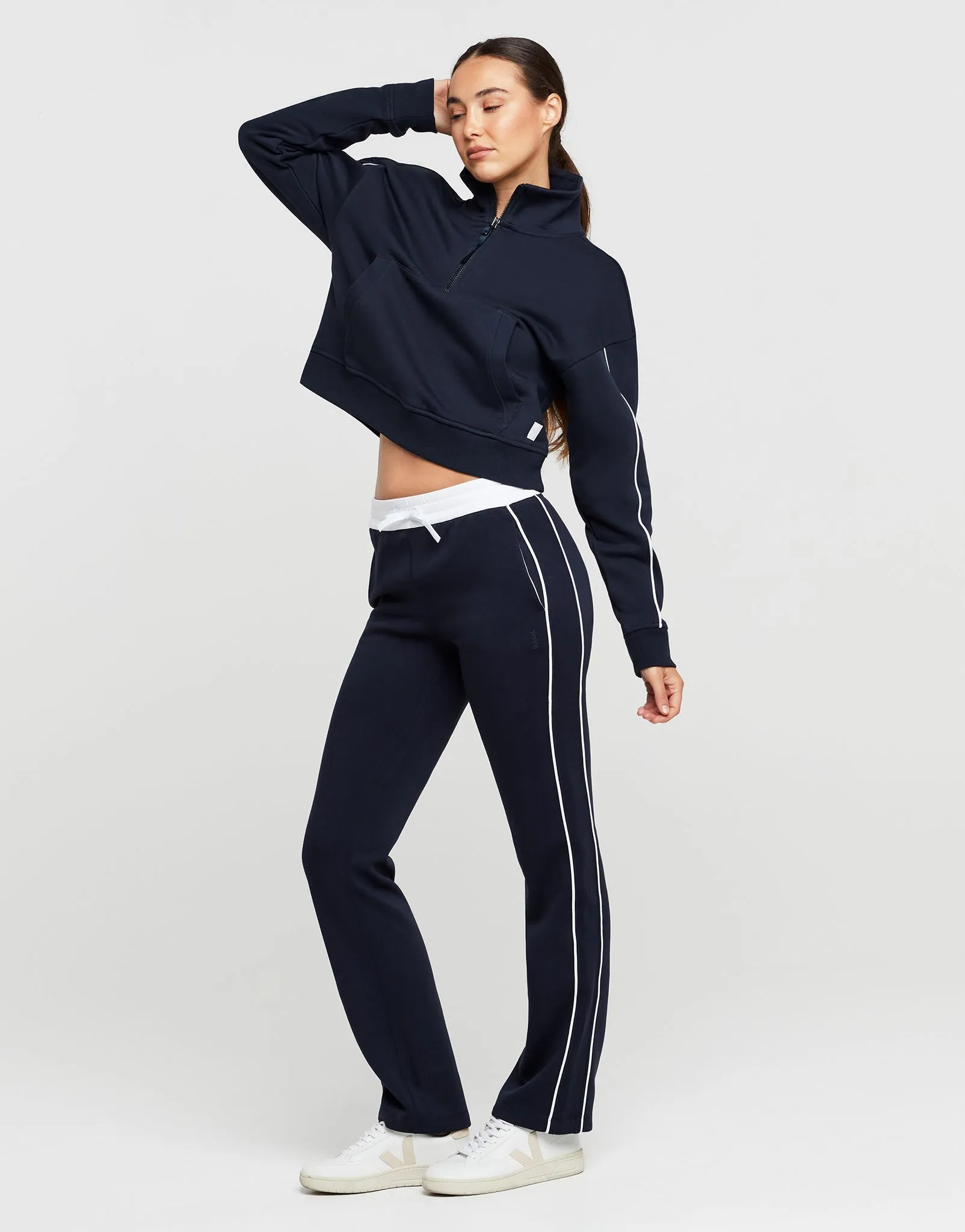KIRSTEN Wide Leg Pant - Navy Blue/white piping