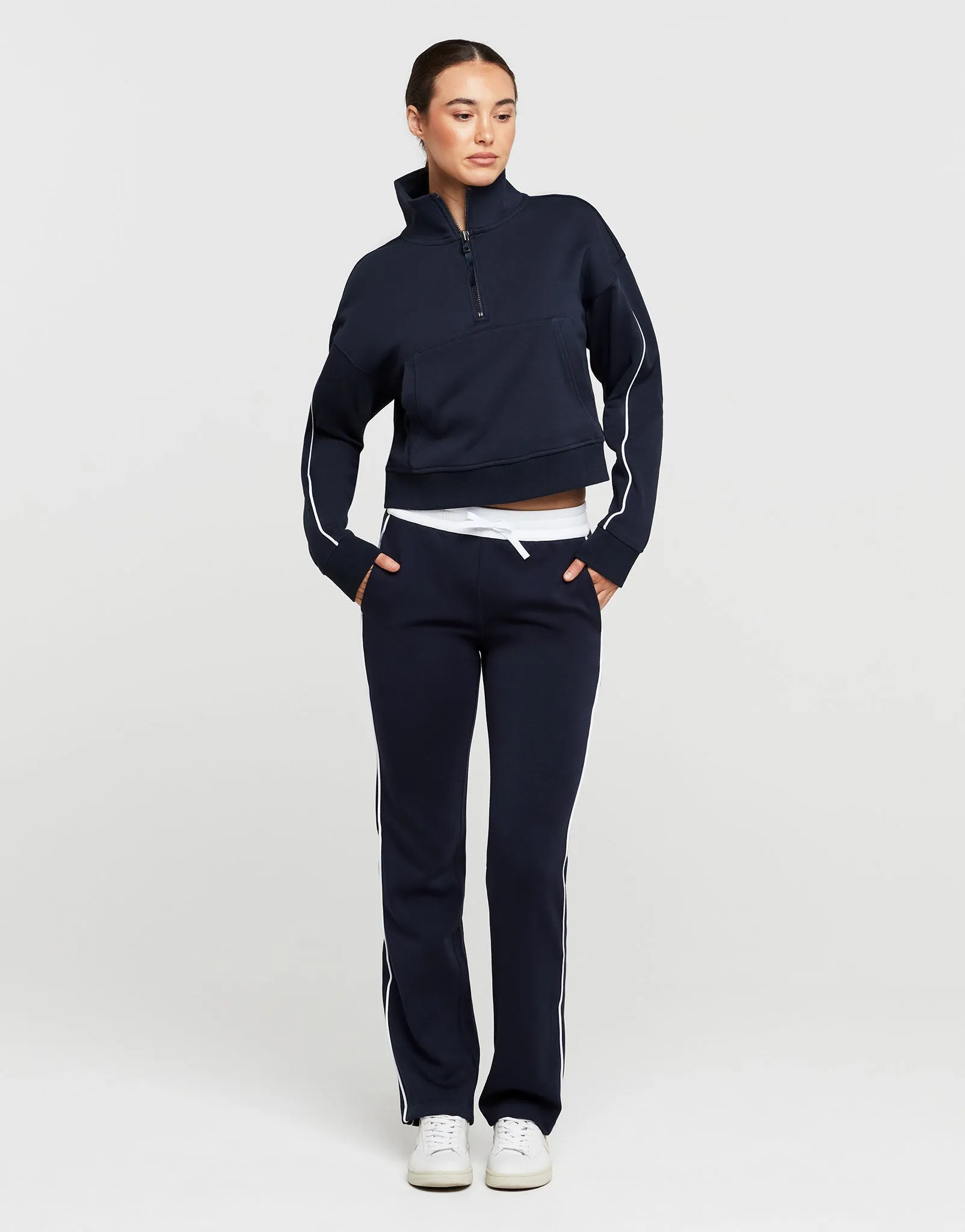 KIRSTEN Wide Leg Pant - Navy Blue/white piping