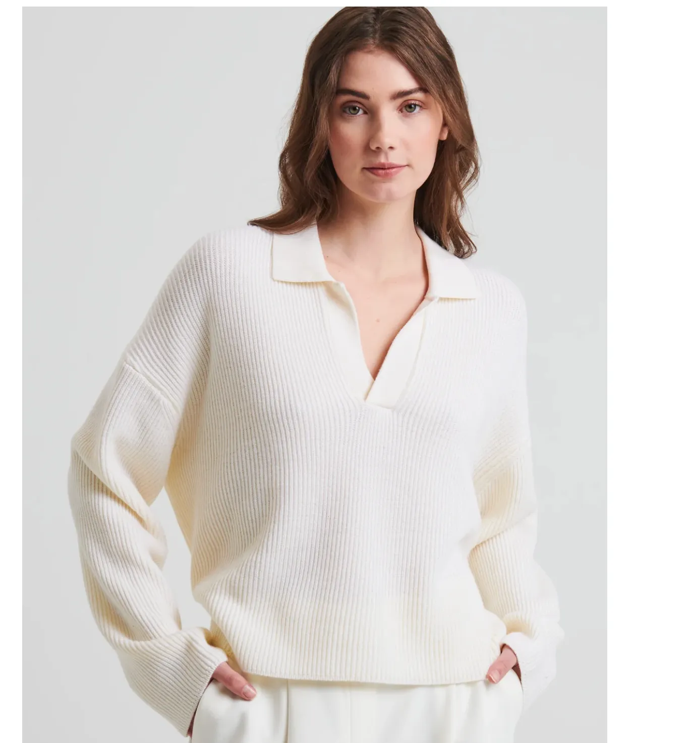 Merino Relaxed Ribbed Polo Pullover - Snowflake